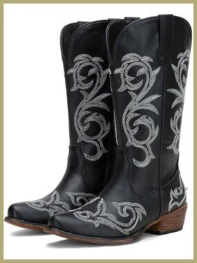 Faux Leather Wide Calf Cowboy Boots Embroidered Mid Calf Western